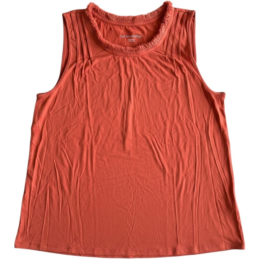 Soft Surroundings Terracotta Orange Sleeveless Top Fringed Neck Pleated Soft PL